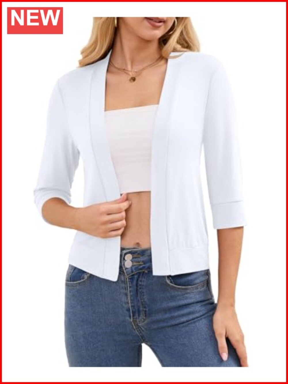 Womens Lightweight 3/4 Sleeve Open Front Cropped Shrug Cardigan Bolero